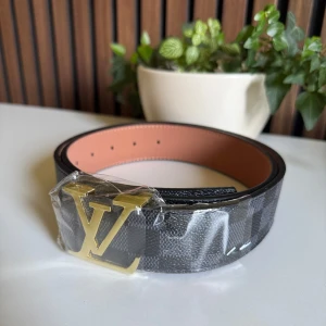 Louis Vuitton rutigt bälte med LV-spänne (16) - Snyggt bälte från Louis Vuitton med klassiskt rutigt mönster i svart och grått. Bältet har ett stort guldfärgat LV-spänne och är gjort i skinn med ljusbrun insida. Perfekt accessoar för att lyfta din outfit.