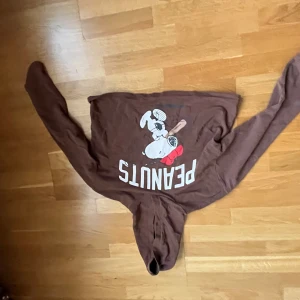 Hoodie med tryck - Säljer en brun hoodie från H&M med Peanuts-tryck och Snoopy som spelar baseboll på framsidan. Tröjan har huva, långa ärmar och ett stort tryck med texten 'PEANUTS' samt basebollmotiv på ena ärmen. Perfekt för dig som gillar snygga och bekväma tröjor! Säg till om du vill ha fler bilder❣️