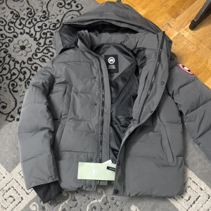 Grå dunjacka från Canada Goose - Säljer en grå dunjacka från Canada Goose med huva och klassisk logga på ärmen. Jackan har dragkedja, knappar och ribbade muddar vid ärmslut. Perfekt för kalla dagar och har en clean, oversized look som är riktigt chill.