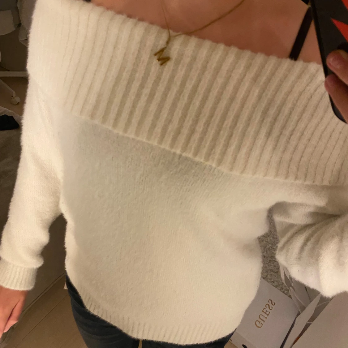 Offshoulder vit stickad tröja Lindex - 3