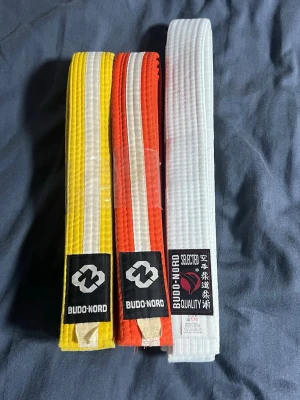 Karatebälten från Budo-Nord - Tre karatebälten från Budo-Nord i färgerna gult, orange och vitt. Bältena är tillverkade i slitstarkt tyg och har klassiska etiketter med logotyp. Perfekta för dig som tränar kampsport och vill ha snygga bälten till din outfit.