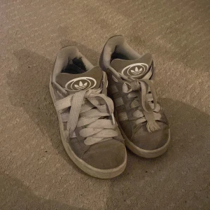 Grå adidas campus - Säljer ett par grå adidas campus skor med klassisk design och breda snören. Är sparsamt använda som man kan se på sulan💕 