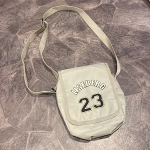 Grå axelväska med tryck - Säljer en beige axelväska med justerbar rem och tryck med texten 'Liseberg 23'. Väskan har en praktisk dragkedja upptill och flera fack inuti för enkel organisering. Perfekt för vardagsbruk eller utflykter.