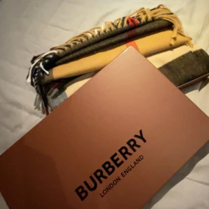 Halsduk från Burberry - Säljer en klassisk rutig halsduk från Burberry i beige, svart, röd och vit. Den är tillverkad i mjuk kashmir och har fransar i ändarna. Perfekt för att hålla dig varm och stilren under kyliga dagar.