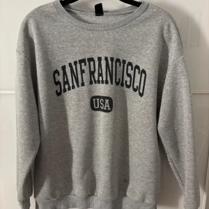 Grå sweatshirt  - Säljer en grå sweatshirt med ett tryck. Den är i fint skick. Utom en liten fläck lite längre ner på framsidan som syns på första bilden. Strl är nog xs/s 