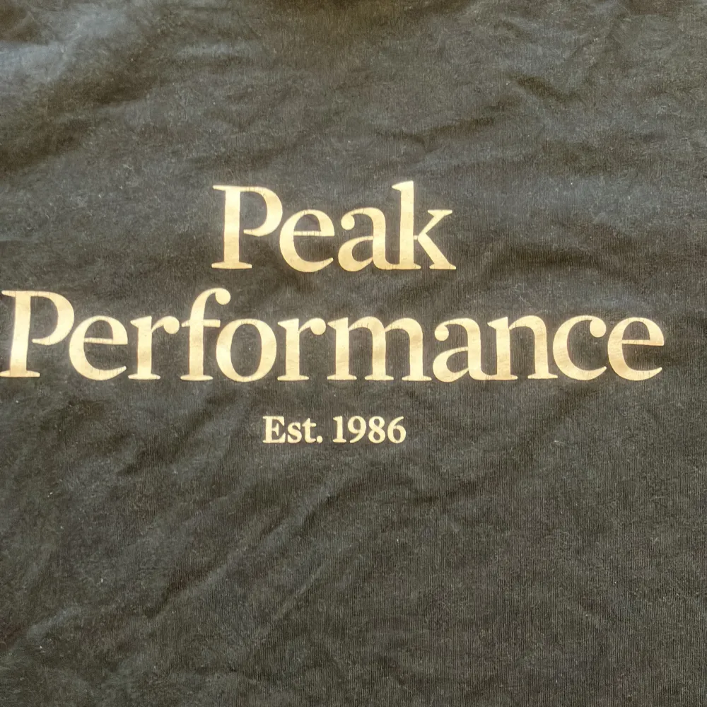 Säljer en svart t-shirt från Peak Performance i storlek M (ganska liten i storleken så passar även S). Den har en klassisk rund hals och korta ärmar. På framsidan finns texten 'Peak Performance Est. 1986' i vitt. T-shirten är i bra skick och redo för en ny ägare! Inga fläckar eller hål.. T-shirts.