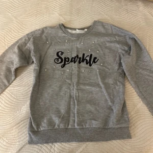 Grå tröja med texten 'Sparkle' - Säljer en grå tröja med texten 'Sparkle' i svart glittrig stil på framsidan. Tröjan har långa ärmar och är dekorerad med små pärlor och stjärnor runt texten. Perfekt för en avslappnad och stilren look.