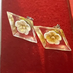 Genomskinliga örhängen med blommotiv silver 925 - Unika örhängen i genomskinligt material med inneslutna vita blommor. De har en geometrisk form som ger en modern touch. Perfekta för att lägga till en subtil men stilfull detalj till din outfit.