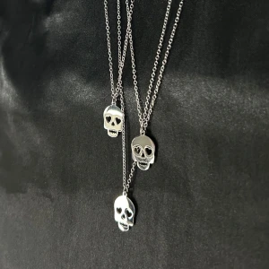 Silverfärgat halsband med dödskallar - silverfärgat halsband med en hängande dödskalle.  Man får en! Ligger på 150kr/st