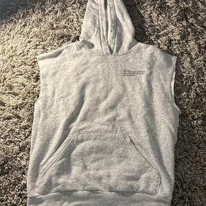 Säljer en grå ärmlös hoodie med texttryck på bröstet. Perfekt för en avslappnad stil eller lager på lager. Den har en stor ficka fram och en bekväm huva. Passar bra till både vår och sommar.