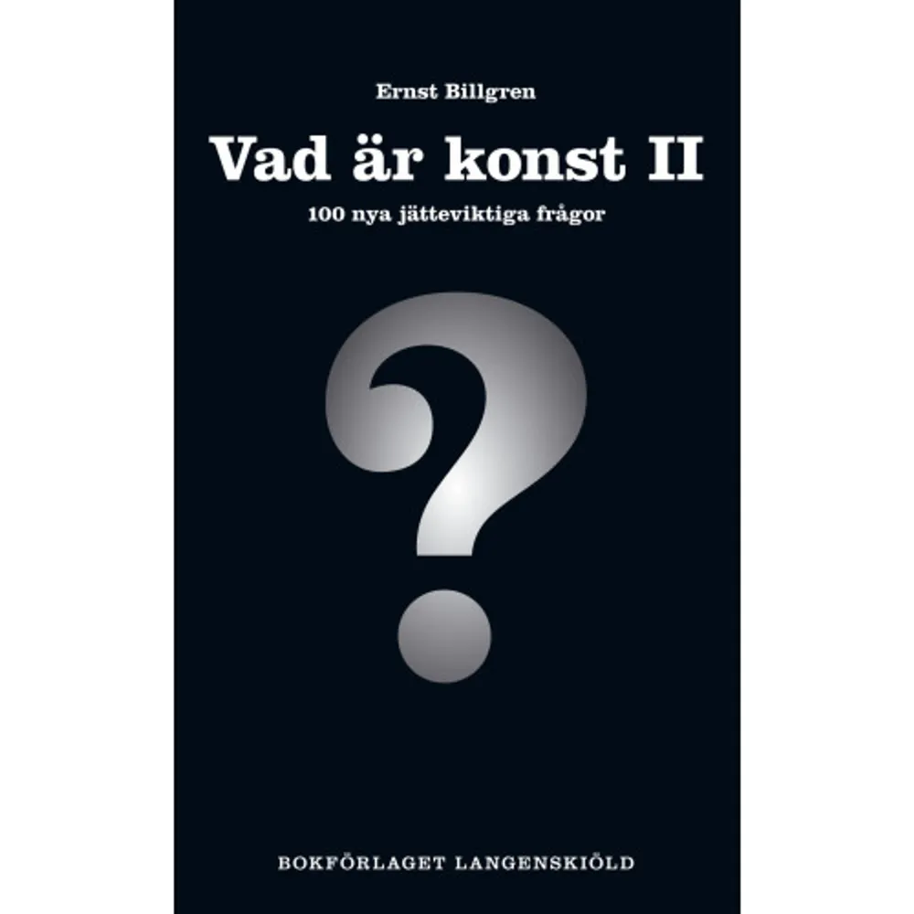 Efter succén med boken Vad är konst och 100 andra jätteviktiga frågor, så mottog Ernst Billgren flera brev från allmänheten som ville ha svar på fler frågor kring konst. Han har samlat en del av dessa frågor i boken Vad är konst II 100 nya jätteviktiga frågor, där alla också besvaras. Bör man lyssna på goda råd? När är ett konstverk klart? Hur undviker man att vara konventionell? Hur vet jag om det jag gjort är bra? Varför blir det första verket (originalet) alltid bättre än det andra (uppföljaren)? Kort svar: Det är svårt att imitera sig själv. Långt svar: Hur många gånger har man inte sett en bra film och sen väntat på tvåan och blivit besviken. Detta är något som troligen även gäller andra kulturyttringar som t.ex. konstteoriböcker.Vad är-böckerna är enkelt uppbyggda, en fråga ställd av svararen själv, sen ett kort och ett långt svar på den frågan. Böckernas idé är att på ett rakt, intelligent och humoristiskt sätt ge snabb allmänbildning kring komplicerade eller enkla frågor. Vad är-böckerna skrivs av de främsta i sitt ämne och varierar därför i tonläge med författaren, men formen är densamma och håller på så vis ihop serien. En konceptserie skapad av konstnären Ernst Billgren och förläggaren Susanne Hamilton.     Format Pocket   Språk Svenska   Utgivningsdatum 2011-06-27   ISBN 9789197897327  . Böcker.