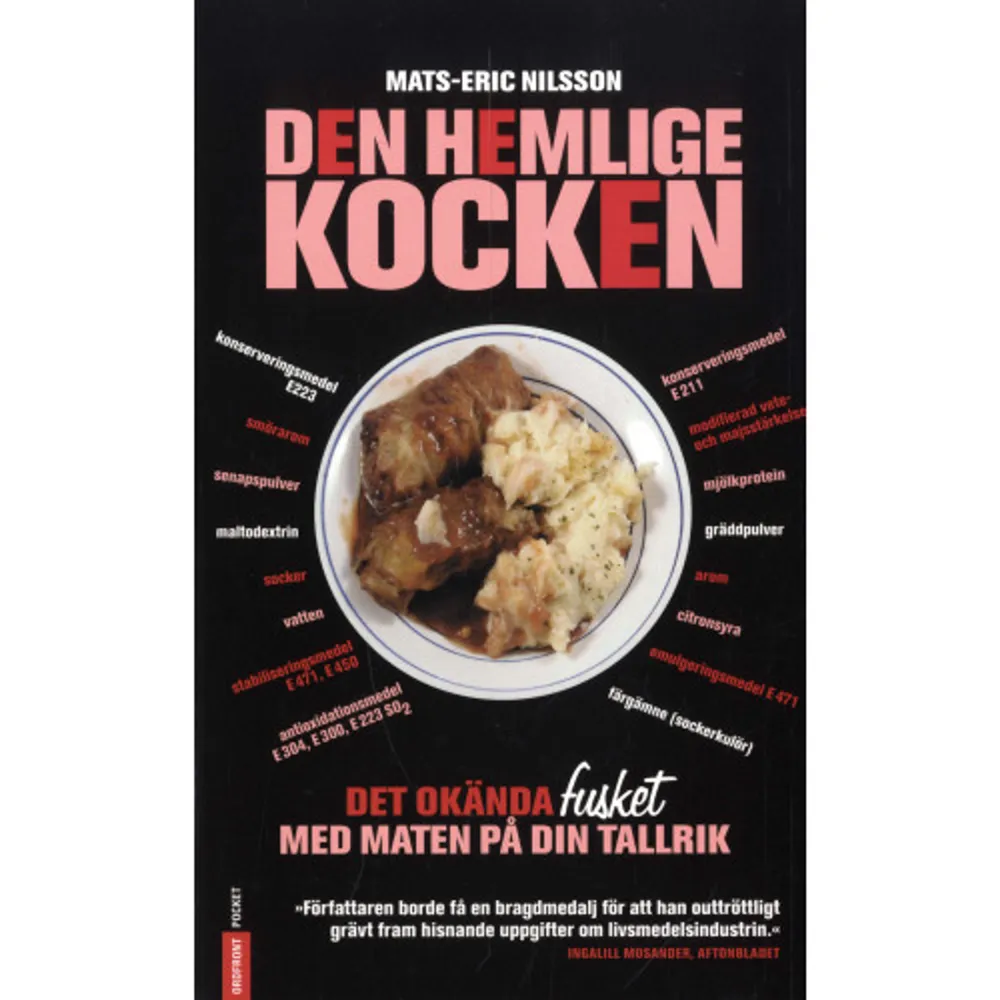 Varje dag kommer det ut mer än en ny kokbok i Sverige. Utgivningen dignar av sensuella citroner, underbara olivoljor och den senaste hälsometoden. Men vad händer med livsmedlen innan de kommer in i våra kök? Såväl till vardags som till fest sätter vi aningslöst i oss mängder av tillsatser och substitut, lurade av reklamens budskap om hemlagat och hälsosamt. För myndigheterna är det huvudsaken att livsmedlen inte är direkt hälsovådliga. Sedan är det fritt fram att sälja glass som inte är glass och cider som inte är cider. Mats-Eric Nilssons väldokumenterade avslöjanden gäller inte bara skräpmat, utan allt från färskpressad juice och butiksbakat bröd till tryffelolja och balsamvinäger, en vanlig vinäger som sötats och färgats med karamellfärg. Den äkta varan är så dyr att den njuts droppvis med pipett. Med författaren som personlig och engagerad guide berättas samtidigt industrimatens moderna historia. Om de välorganiserade kampanjer som fick motsträviga husmödrar att glömma hur riktig mat lagas och smakar. Boken innehåller även en uppslagsdel med ett 50-tal olika livsmedel. Hur går fusket med dem till och var kan man hitta de oförvanskade alternativen? Här finns en karta med gårdsbutiker samt en säsongskalender över när man ska äta vad. Sist finns en praktisk guide till alla de 320 förvirrande E-numren. Hur framställs dessa kemikalier och kan de vara farliga för hälsan? Och hur manipulerar de våra smaklökar?    Format Pocket   Omfång 279 sidor   Språk Svenska   Förlag Ordfront Förlag   Utgivningsdatum 2008-10-13   ISBN 9789170373893  . Böcker.