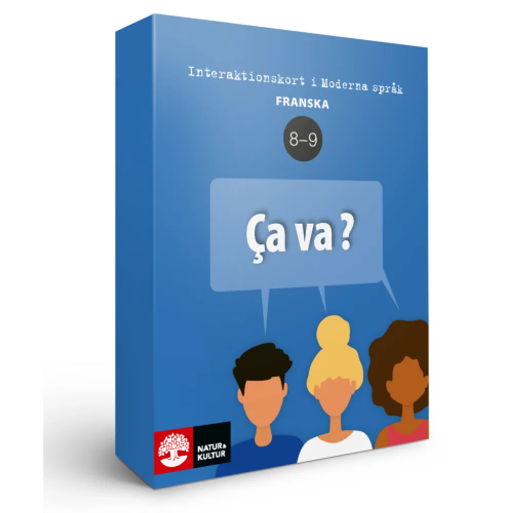 I franska finns två askar, en för årskurs 6–7 och en för årskurs 8–9. Varje ask innehåller 90 interaktionskort. Korten är uppdelade i två nivåer, nivå 1 och 2. Varje nivå består av 45 kort. Interaktionskort franska åk 6–7 – Ça va? Ça va? 6–7 innehåller 90 interaktionskort i franska för årskurs 6 och 7.  Interaktionskorten innehåller frågor och uppmaningar som eleverna möter under de första två åren i språkundervisningen. Med hjälp av korten får eleverna träna på att ställa frågor och formulera egna svar. Eleverna får även möjlighet att träna på turtagning, uttal och att hålla i gång konversationen. Korten ger också förutsättningar att automatisera språkanvändningen, vilket kommer hjälpa eleverna att interagera på målspråket i andra situationer. Korten är nivåindelade för att man enkelt ska kunna sortera ut de enklare korten för användning i början av årskurs 6. Mängden kort gör det möjligt att arbeta på individ-, par-, grupp- eller klassnivå i flera olika typer av aktiviteter. Med kortleken följer en lärarhandledning som innehåller många tips på hur man kan arbeta med interaktionskorten.  Interaktionskort franska åk 8-9 - Ça va? Ça va? 8-9 innehåller 90 interaktionskort i franska för årskurs 8 och 9.     Interaktionskorten innehåller frågor och uppmaningar som eleverna möter under de sista två åren i språkundervisningen.  Med hjälp av korten får eleverna träna på att ställa frågor och formulera egna svar.  Eleverna får även möjlighet att träna på turtagning, uttal och att hålla i gång konversationen. Korten ger också förutsättningar att automatisera språkanvändningen, vilket kommer hjälpa eleverna att interagera på målspråket i andra situationer. Korten är nivåindelade för att man enkelt ska kunna sortera ut de enklare korten för användning i början av årskurs 8. Mängden kort gör det möjligt att arbeta på individ-, par-, grupp- eller klassnivå i flera olika typer av aktiviteter. Med kortleken följer en lärarhandledning som innehåller många tips på hur man kan arbeta med interaktionskorten.     Format Övrigt   Omfång 200 sidor   Språk Svenska   Förlag Natur & Kultur Läromedel och Akademi   Utgivningsdatum 2021-09-21   Medverkande Belén Martín Ambrosio   ISBN 9789127460799  . Böcker.