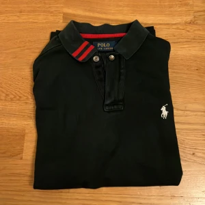 Blå pikétröja från Ralph Lauren - Säljer en snygg blå pikétröja från Ralph Lauren med röda detaljer på sidorna och kragen. Tröjan har en klassisk polospelare broderad på bröstet och två knappar vid halsen. Perfekt för våren och sommaren.