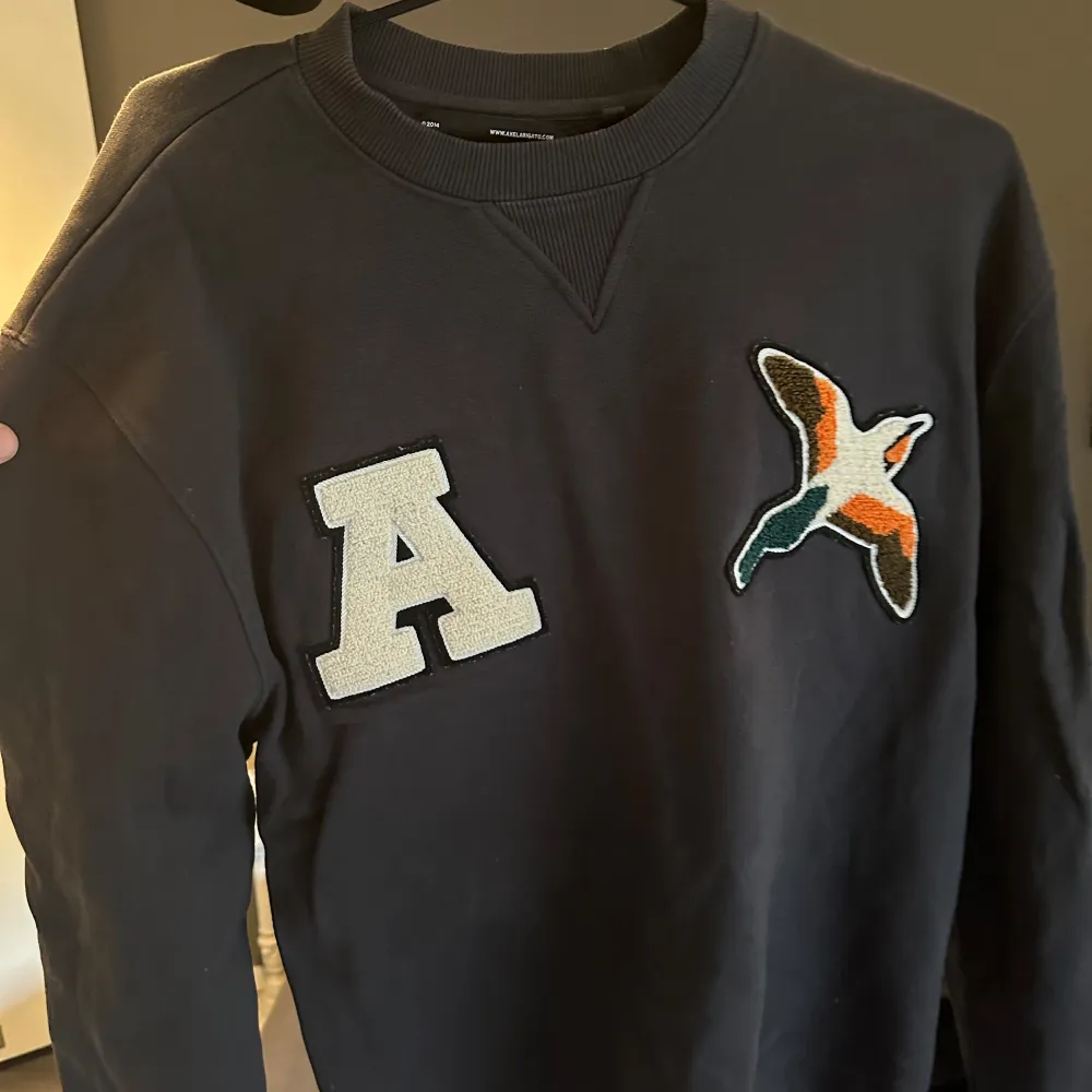 Det är en arigato sweatshirt/tröja som är i perfekt skick då den knappt är använd! Tröjan är i storleken large och sitter bra i passformen. Tröjan är i grå färg och har två tryck på tröjan i ull!. Hoodies.