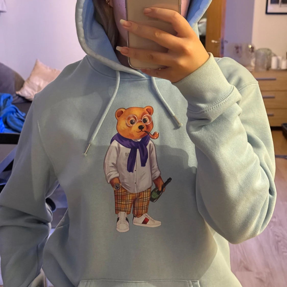 Ljusblå hoodie med björntryck - 90