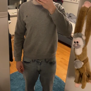 Grå tröja från Ralph Lauren - Säljer en stilren grå tröja från Ralph Lauren med deras ikoniska logga broderad på bröstet. Tröjan har en klassisk rund hals och långa ärmar, perfekt för en avslappnad look.