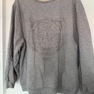 Grå sweatshirt med tigerdesign från Gina Tricot - Säljer en grå sweatshirt från Gina Tricot i storlek S. Tröjan har en cool tigerdesign i strass på framsidan som ger den en unik look. Perfekt för en avslappnad stil med lite extra bling. Den är långärmad och gjord i mjukt material för extra komfort.