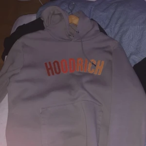 Grå hoodie från Hoodrich - Säljer en snygg grå hoodie från Hoodrich med färgglad text på bröstet. Den har en klassisk känguruficka och justerbar huva. Perfekt för en avslappnad stil!