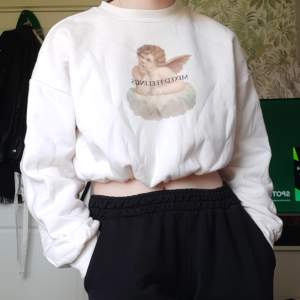 Säljer en jättefin kort sweatshirt med tryck. Färgen är offwhite. Det står 