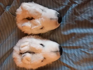 Tofflor - Säljer dessa jättegulliga tofflor då de inte kommer till användning. Sulan är ganska sliten men tofflorna funkar att använda ändå! 