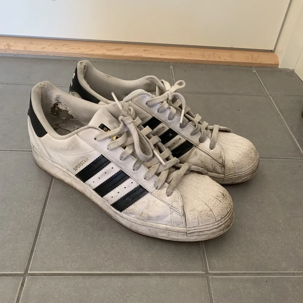 Ett par adidas superstar som är ganska slitna . Skor.