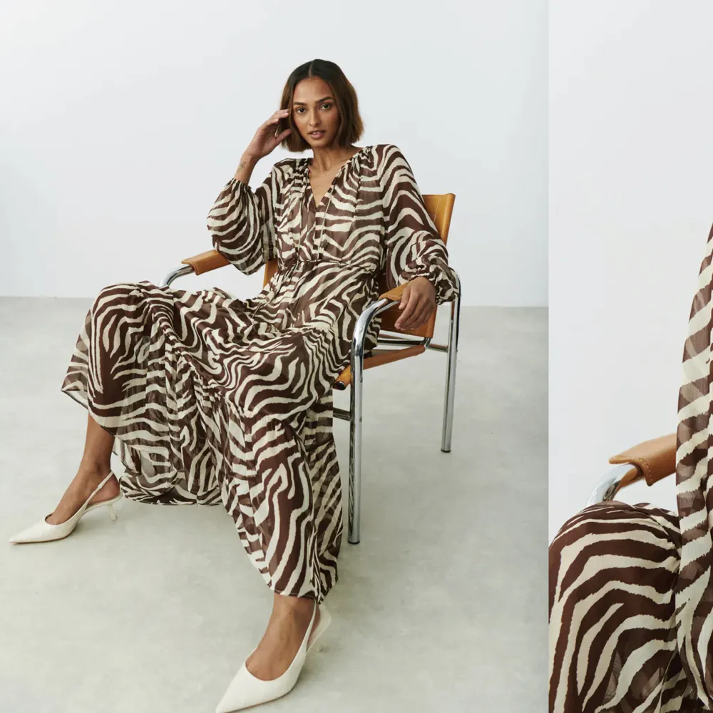 Superskön flowig klänning i zebra mönster från Ginatricot, köpt för några veckor sedan enbart och använd 1 gång. Finns en underklänning till🥰Slutsåld på hemsidan! ordinarie pris 499.  Storlek S. 350 + frakt 🌟. Klänningar.