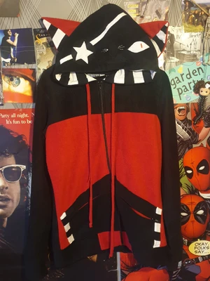 Emo scene cat zip up hoodie bye bye kitty  - Emo scene cat zip up hoodie bye bye kitty, Has been used around 3 times,Size L, stripped hood on the inside, holes in the sleeves for your thumb, cat ears.