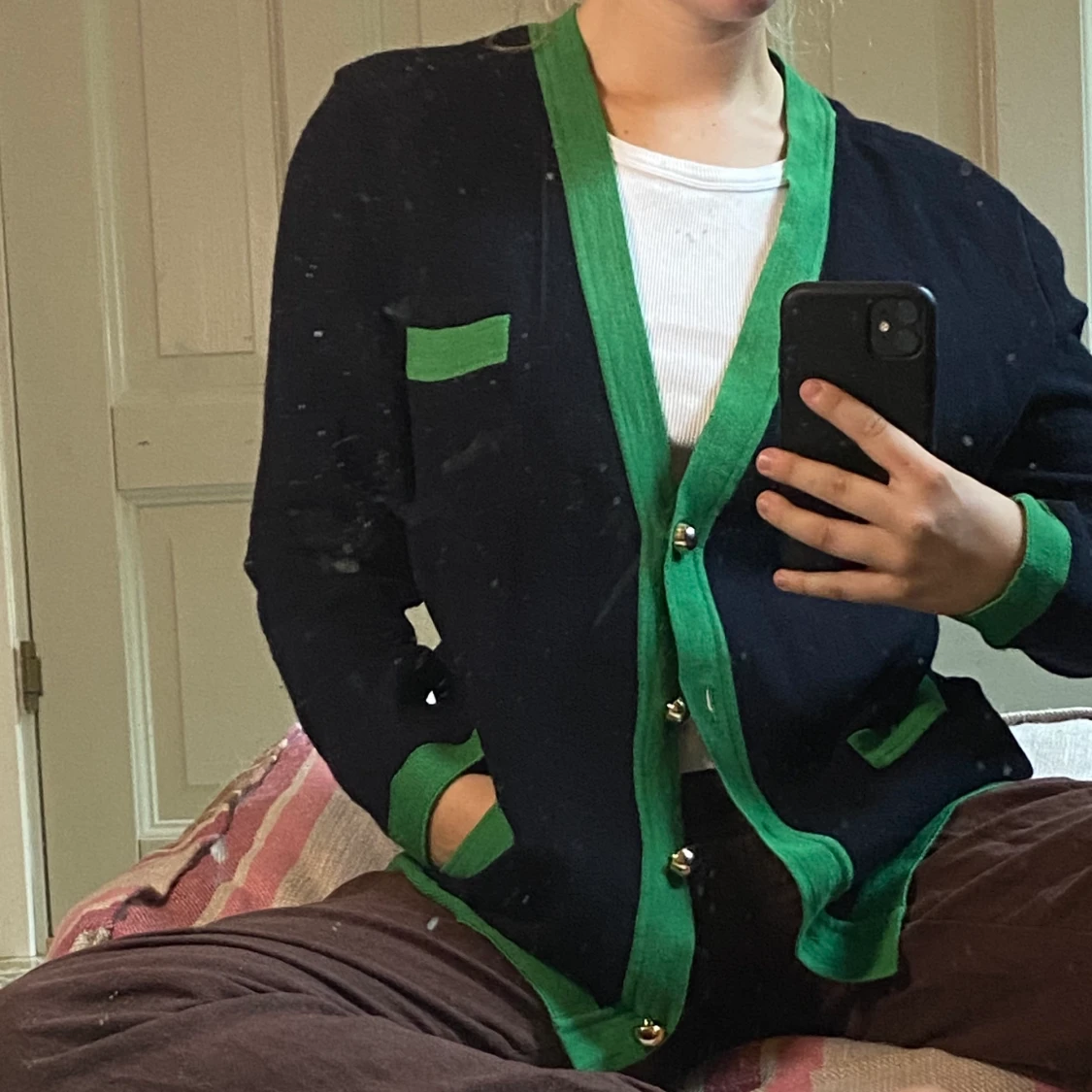 Storlek S kofta grön/marinblå