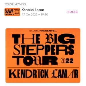 Jag säljer två biljetter till Kendrick Lamar konserten i Stockholm, den 17e oktober kl 19:30. Originalpris 1080 per biljett, mitt pris 800 per biljett. Köpet utgår på att jag överför biljetterna via Stockholms Live appen, se sista bild. Tar bara swish!