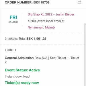 Justin biber biljetter  - Säljer mina Justin biber biljetter i Malmö för kan ej gå