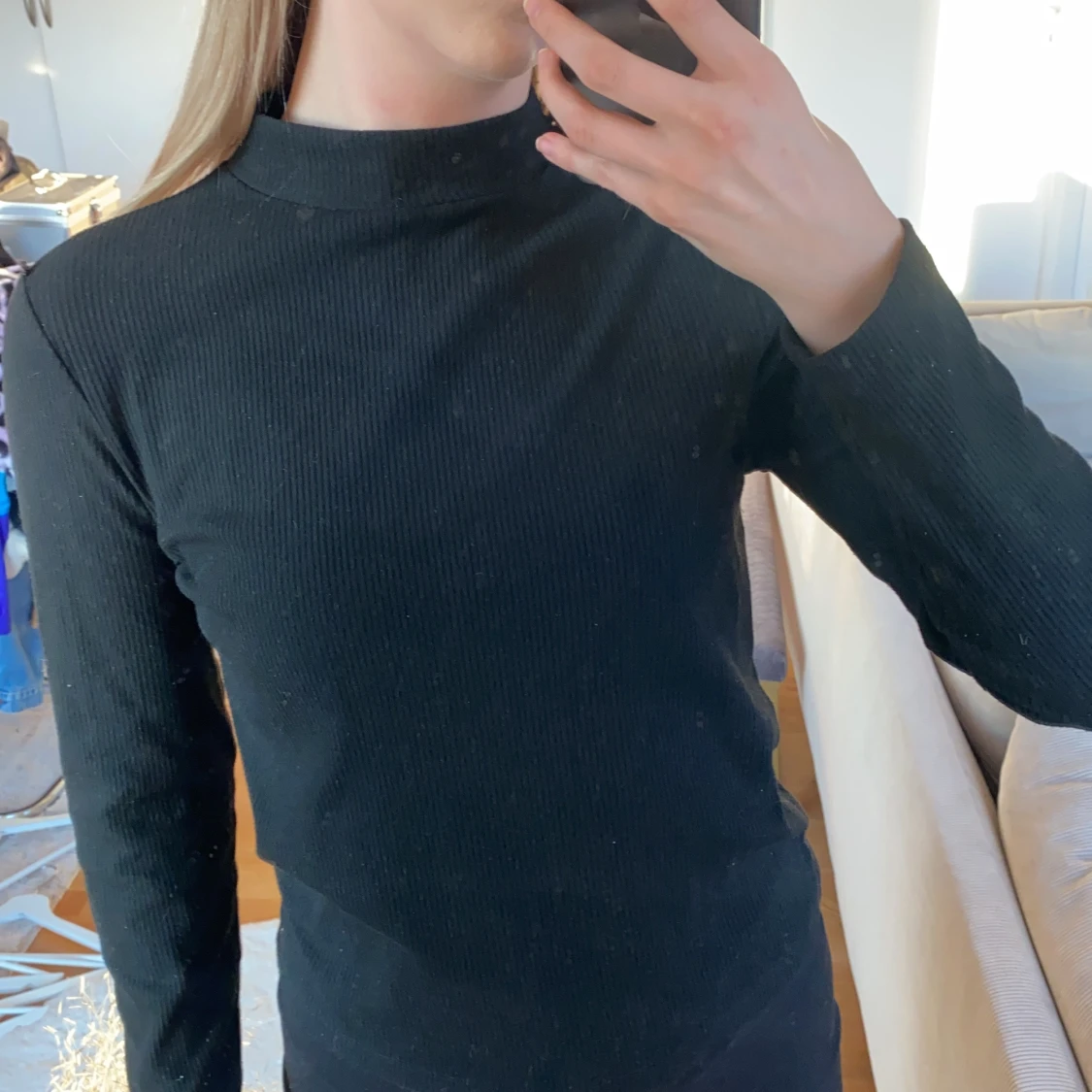 Ribbad svart långärmad tröja - 90