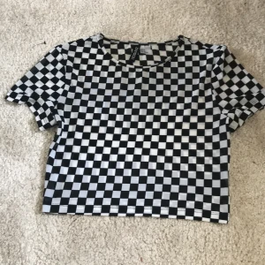 svart rutig crop top från h&m  - En luftig crop top t shirt från h&m, lite genomskinlig, använd ca 5 gånger. jag säljer pga jag tröttnat. orginalpris 99 kr. dock har mystiska gummi trådar kommit fram från högra sidan under armhålan. 