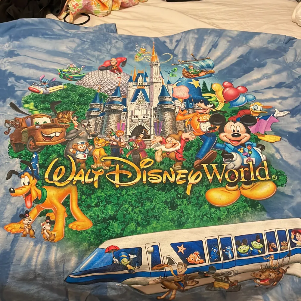 En fin tröja från Disney Land! Det är bilder på nästan alla olika Disney karaktärer och en blå tiedye bakgrund💕. T-shirts.