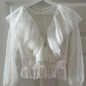Vittyll topp med volanger - Superfin vit genomskinlig blus med tyll, ifrån alexandra nilssons (kissie) kollektion med bubbelroom, perfekt till studenten🥂💘 Strlk 36 men skulle säga att den mer är som en 34. Obs litet rött märke i baksidan av ryggen(bild 3)