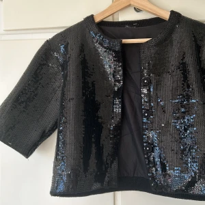 Glitter kortärmad jacka - Jättesnygg och perfekt för att piffa upp en outfit, ända defekten syns på bild 3. Det står inget märke eller storlek då jag köpte den på en vintage affär (passar xs/s/m )