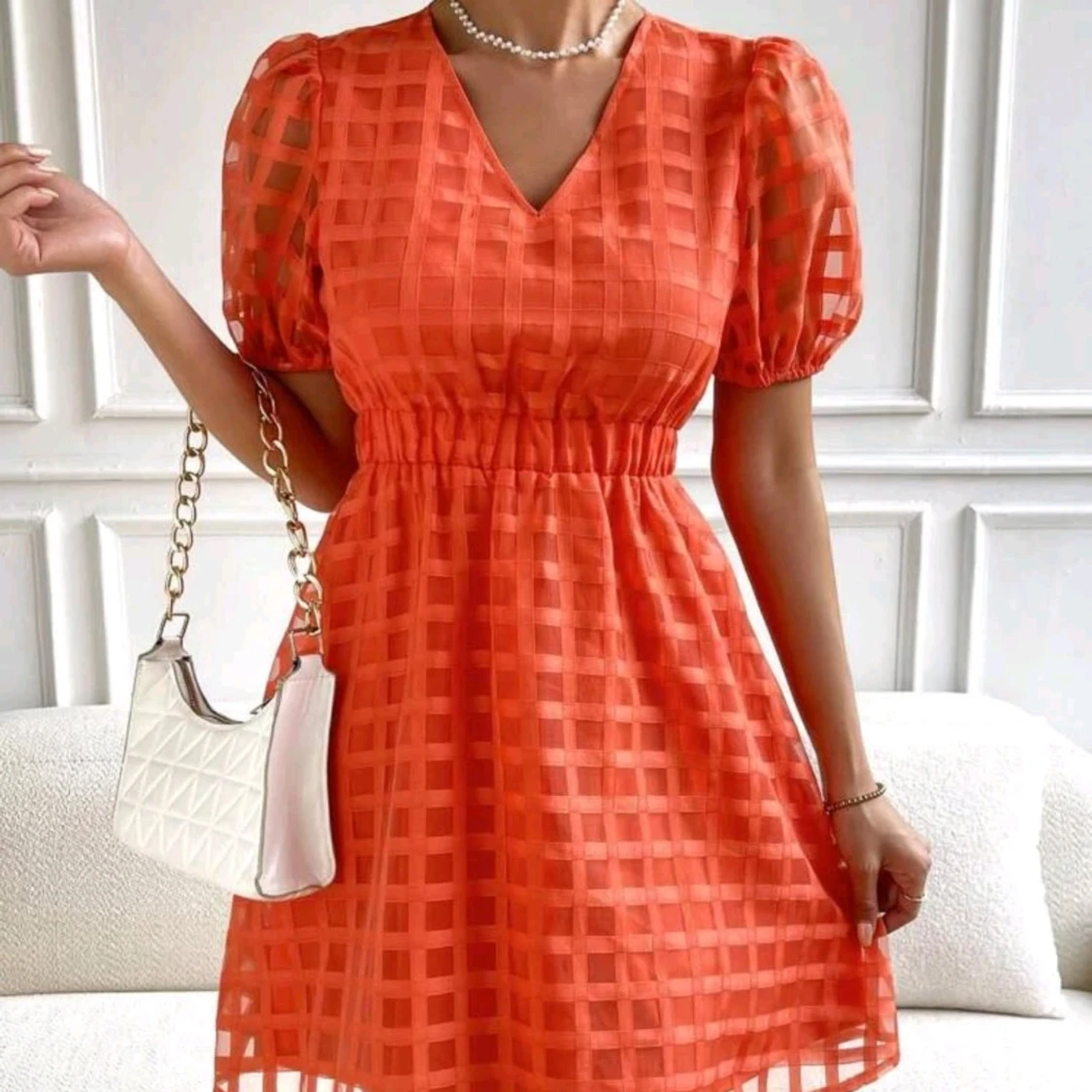 Orange kortärmad klänning med rutmönster - 4
