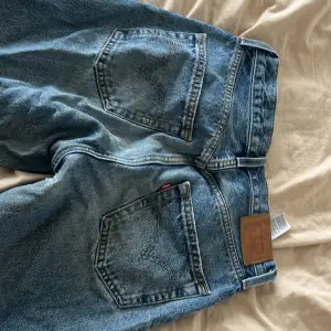 Säljer ett par klassiska Levis 501 jeans i storlek w24/L30. De är blåa och har en straight passform. Jeansen är i använt skick med slitna detaljer på benen. Perfekta för en avslappnad och cool stil!