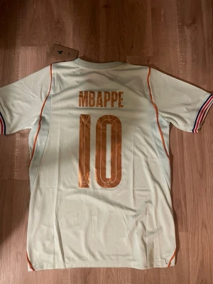 Frankrike fotbollströja Mbappé #10 - Snygg ljus fotbollströja med Frankrikes landslagsemblem och nummer 10 i guld. Mbappé står på ryggen. Tröjan har korta ärmar, tunna röda detaljer och randiga muddar i blått, vitt och rött. Perfekt för match eller träning.