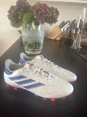 Vita fotbollsskor med blå ränder - Säljer ett par snygga vita fotbollsskor från Adidas med klassiska blå ränder på sidan och röda dobbar. Skorna har snörning och är tillverkade i syntetmaterial som ger bra känsla på planen. Storlek 44 men passar mer 43