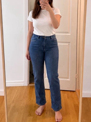 Blå raka jeans från Twist & Tango - Säljer ett par klassiska blå jeans från Twist & Tango i rak modell med hög midja. Jeansen har fem fickor, bälteshällor och stängs med knapp och dragkedja. Tillverkade i ett slitstarkt denimtyg som passar perfekt till alla dina outfits.