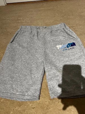 Gråa shorts med broderad text - Snygga grå shorts med broderad text i blå och vit nyans på ena benet. Shortsen har fickor på sidorna och stängs med knapp och dragkedja. Perfekta för chill dagar och enkel att matcha med det mesta.