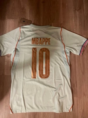 Frankrike Mbappé #10 matchtröja Nike - Snygg ljus matchtröja från Nike för Frankrikes landslag med Mbappé och nummer 10 i guld på rygge, ny med prislapp. Tröjan har korta ärmar, tunna röda och blå detaljer samt broderad tupp på bröstet. Perfekt för fotbollsfans som vill sticka ut på läktaren.