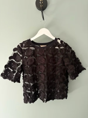 Svart blommig spetsblus - Säljer en superfin svart blus med spetsmönster och korta ärmar. Toppen är transparent med broderade blommor över hela plagget. 