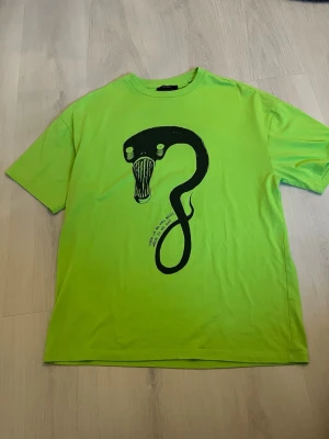 Grön t-shirt med svart ormmotiv - Cool grön t-shirt med ett stort svart tryck av en orm med ögon och öppen mun på framsidan. På ryggen finns en liten textdetalj upptill. T-shirten har normal passfor och korta ärmar, perfekt för dig som vill sticka ut.