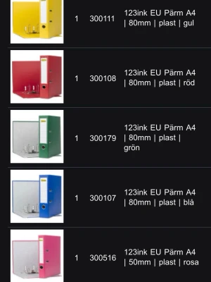 Färgade plastpärmar A4 från 123ink - Säljer flera 123ink EU pärmar i A4-format i färgerna gul, röd, grön, blå och rosa. Pärmarna är tillverkade i plast och finns i både 80mm och 50mm ryggbredd. Perfekt för att organisera papper och dokument på ett snyggt sätt. Helt nya i original förpackning 