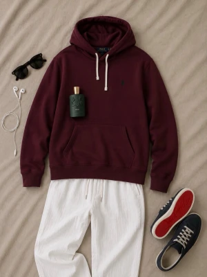 Vinröd hoodie med huva från Polo Ralph Lauren - Snygg vinröd hoodie från Polo Ralph Lauren med huva och vita dragsnören. Klassisk känguruficka framtill och diskret logga på bröstet. Perfekt för en avslappnad och trendig look. Mjuk bomullskvalitet och ribbade muddar vid ärmslut och nederkant.