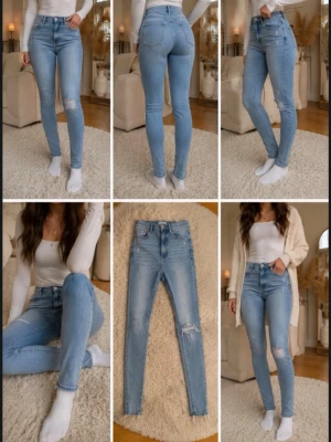 Ljusblå skinny jeans med slitningar - Säljer ett par ljusblå skinny jeans med hög midja och slitningar på ena knät. Jeansen har klassisk femficksdesign och smal passform hela vägen ner. Perfekta för en avslappnad och trendig look. Materialet är stretchigt denim för extra komfort.