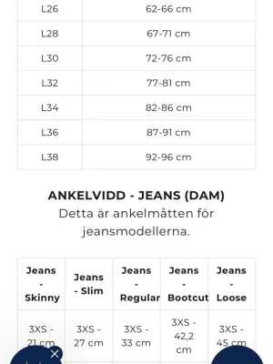 Storleksguide  - En tydlig storleksguide för jeans med mått för midja och ankelvidd. Guiden visar olika längder (L26-L38) och passformer som skinny, slim, regular, bootcut och loose. Perfekt för att hitta rätt storlek och passform på jeans.