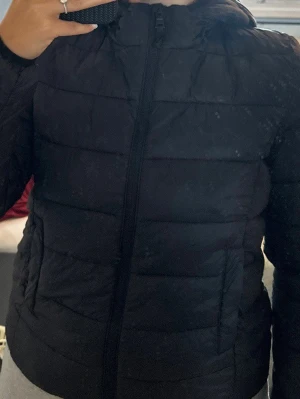 Svart pufferjacka med huva - Säljer en svart pufferjacka med huva och dragkedja framtill. Jackan har en quiltad design med horisontella sömmar och två sidofickor. Perfekt för kalla dagar när du vill hålla dig varm och stilsäker.